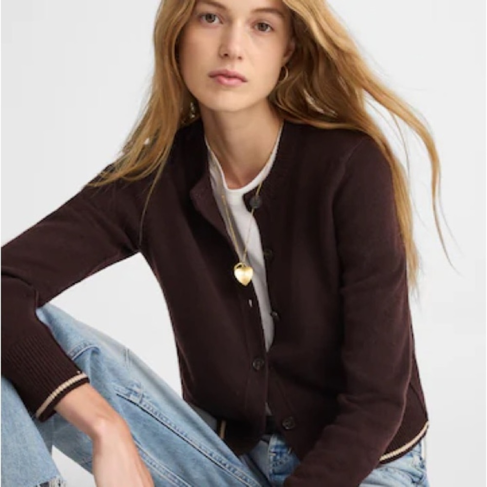 Madewell Cashmere Dark Brown Crewneck Button-Front Cardigan with Cream Trim - Picture 2 of 5